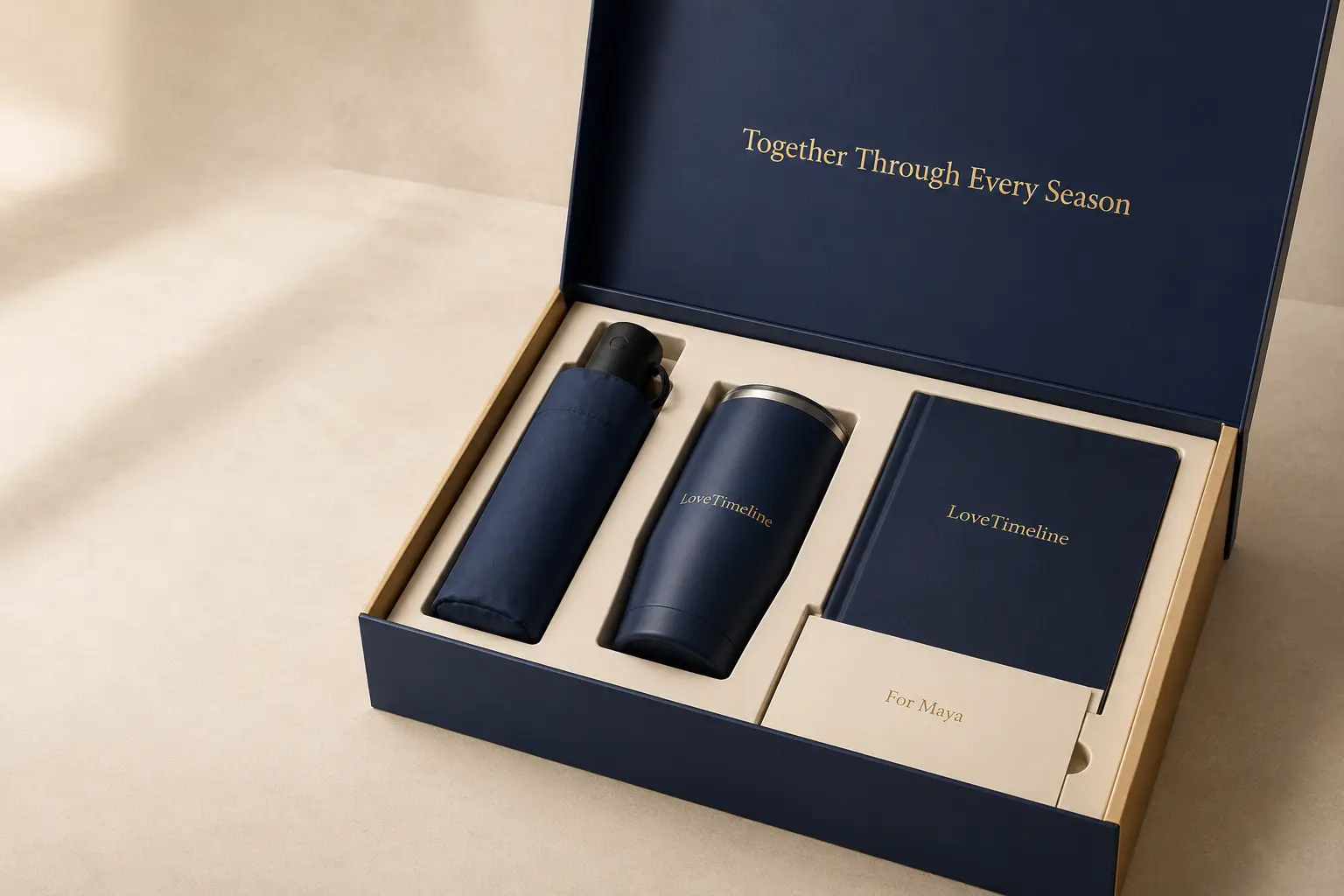 Navy and gold corporate gift box with annual story book, compact umbrella, and insulated tumbler