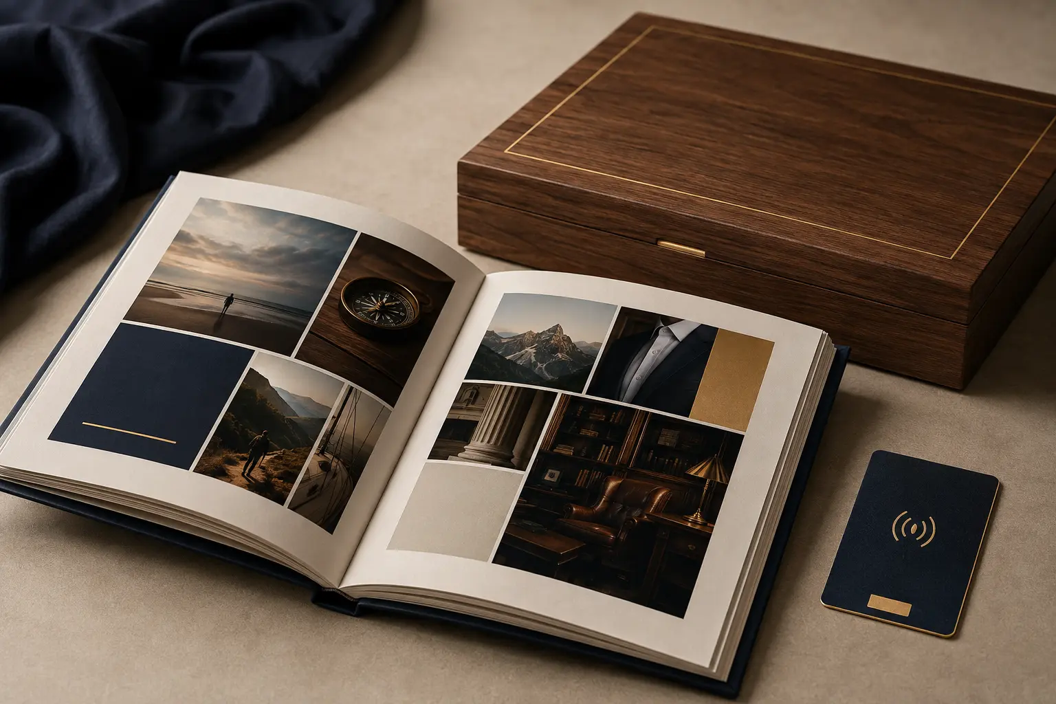 An open lay-flat tribute album with presentation case and NFC card