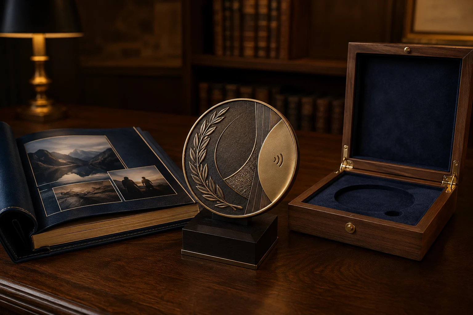A bespoke NFC commemorative medallion with a legacy book and walnut presentation case