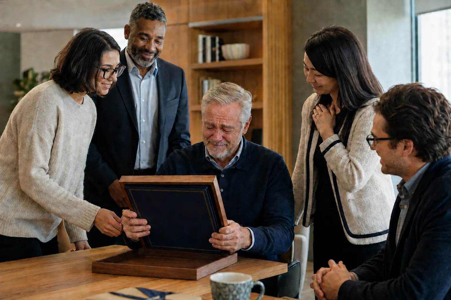 Colleagues presenting a Career Legacy book to an honored retiring leader